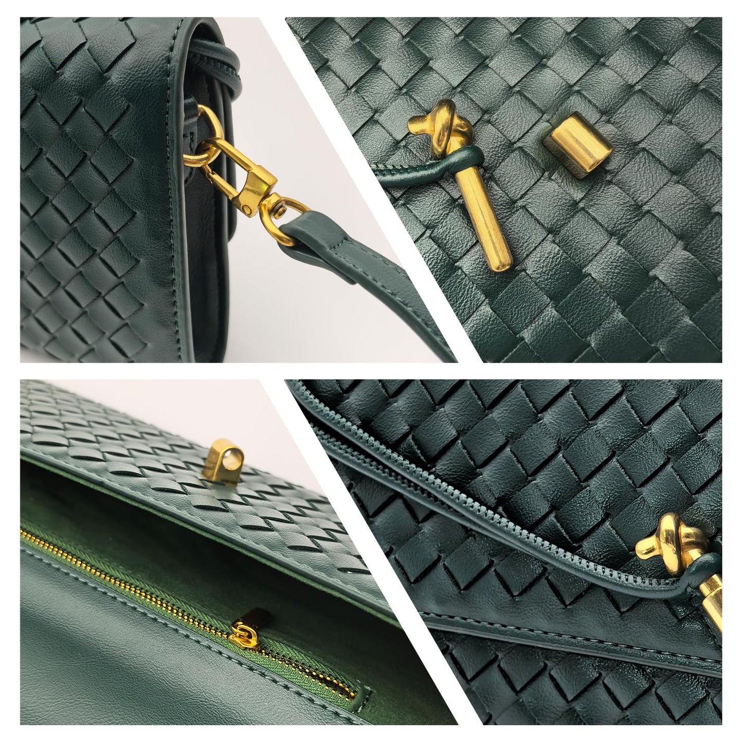Qiannaura Formal Clutch Purses for Women Evening Woven Leather Large Clutch for Weddings & Parties | Convertible Shoulder Bag, Dark Green
