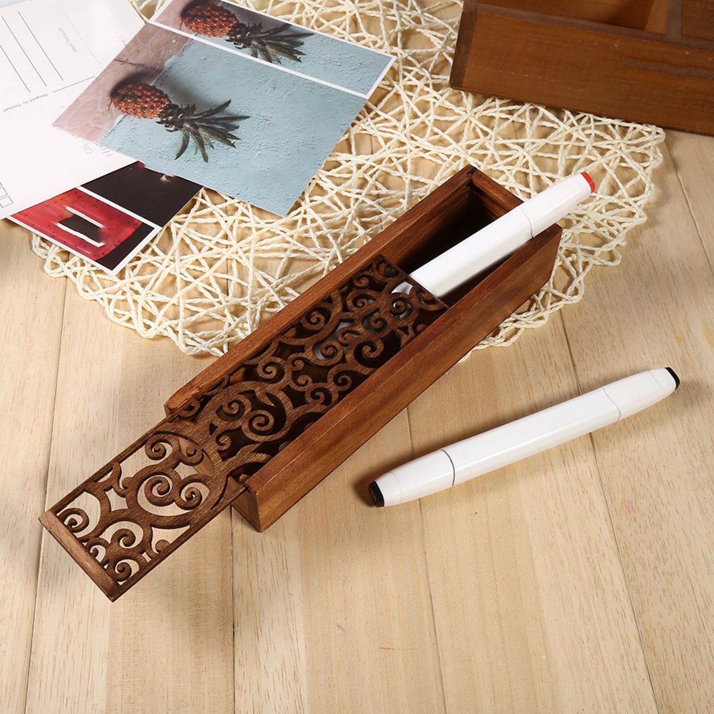 GBSCLOVER Wooden Pen Box, Retro Wood Pen Storage Case with Removable Cover, Multifunctional Pen Storage Wooden Box 7.7x2.2x1.6in for Store Jewelry Cosmetic