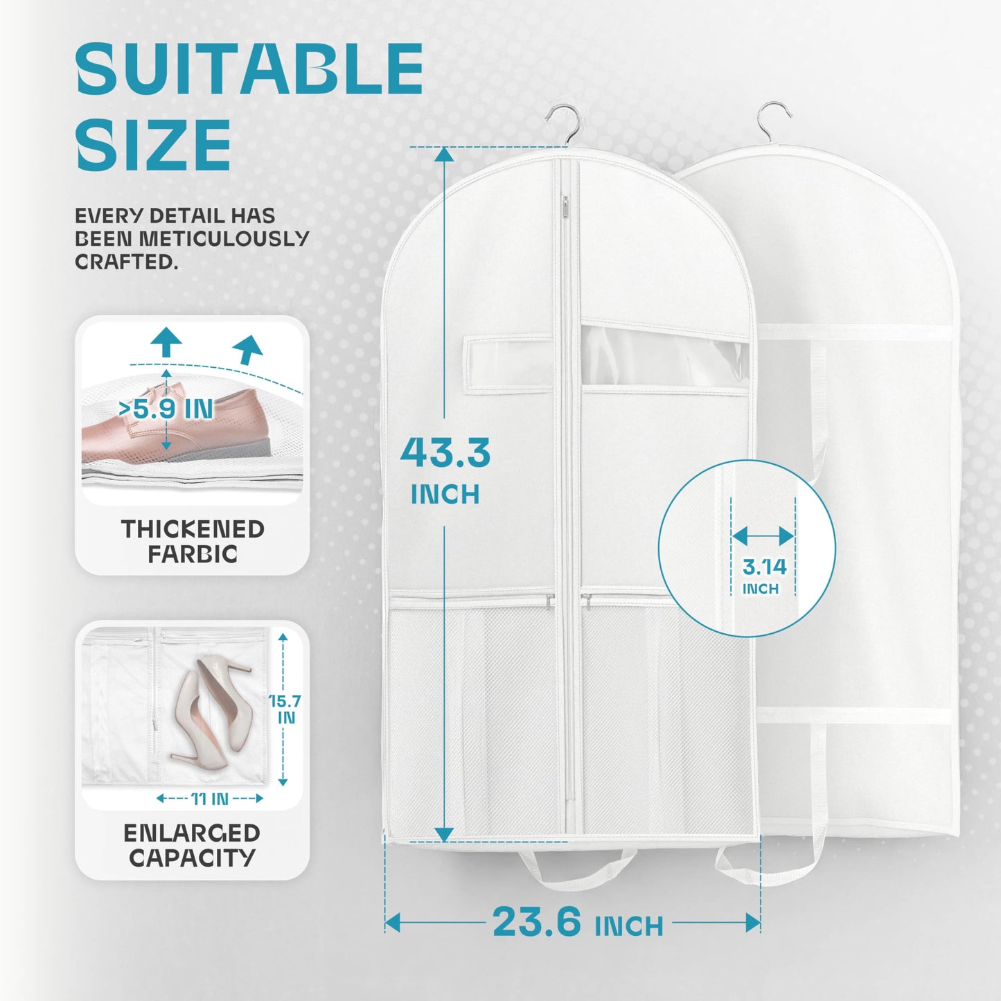 43" Travel Garment Bag with Accessories Zipper Pocket, Heavy Duty Suit Bag for Suits, Tuxedos, Dresses, Coats, White, 1 pack