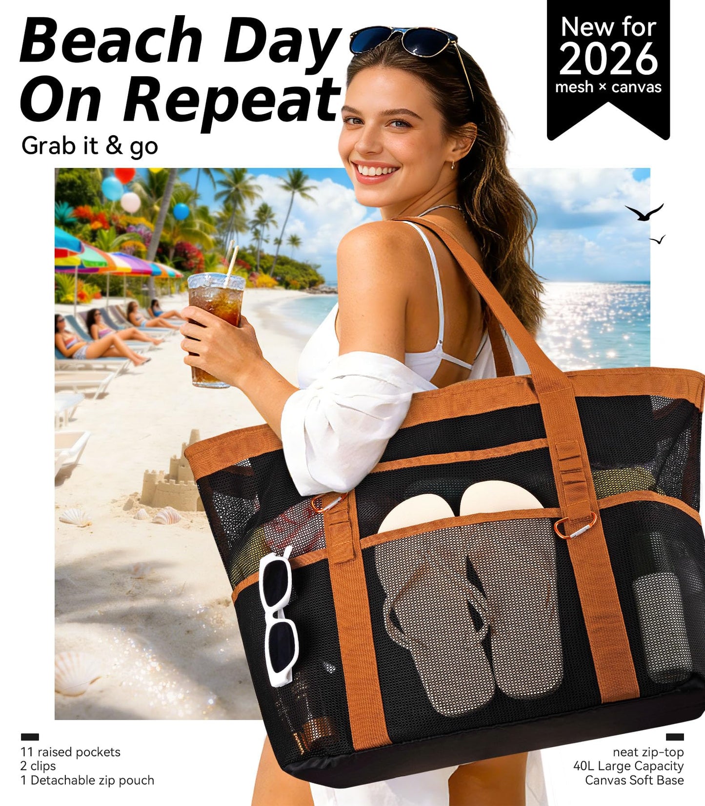 Yeendibo Chic & Spacious XX-Large Beach Bag for Women — 2026 Mesh × Canvas Tote with Top Zipper, 11 Pockets, Detachable Pouch, Foldable, 2 Carabiners