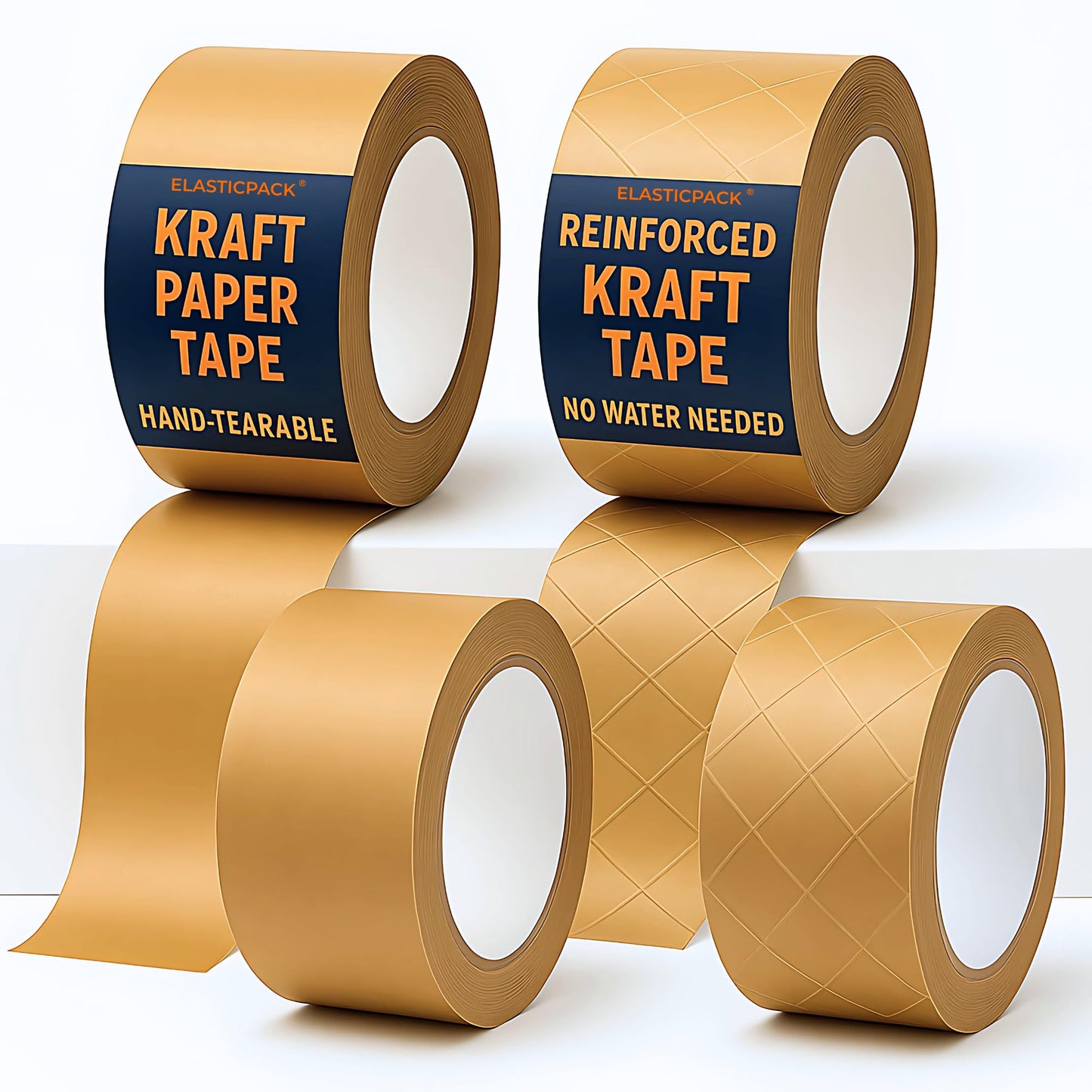Elasticpack Packing Tape for Boxes 4-Pack – Kraft Brown Paper Box Tape, 2 Regular + 2 Reinforced Rolls for Everyday & Heavy-Duty Box Shipping, Self-Adhesive, No Water Needed, 1.88 in x 55 yd