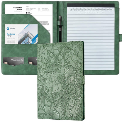 Mymazn Padfolio Portfolio Binder, Faux Leather Interview Resume Folder with Document Organizer & Business Card Holder, Letter-Sized Notepad Legal Pad Holder for Women Men (Green)
