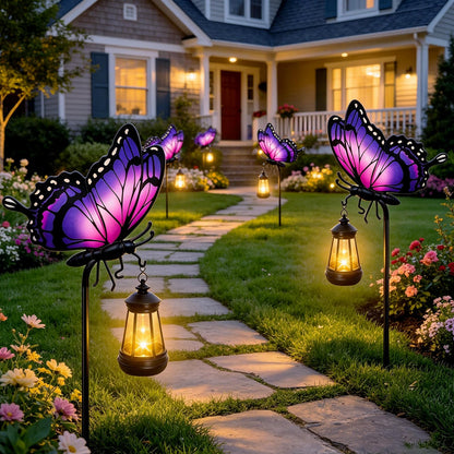 Solar Lights Outdoor Butterfly Garden Decor, 32.9in Purple Butterfly Garden Stakes with Solar Lights, Waterproof Metal Decorative for Yard Art Outside Patio Porch Lawn, Birthday Gifts for Women Mom