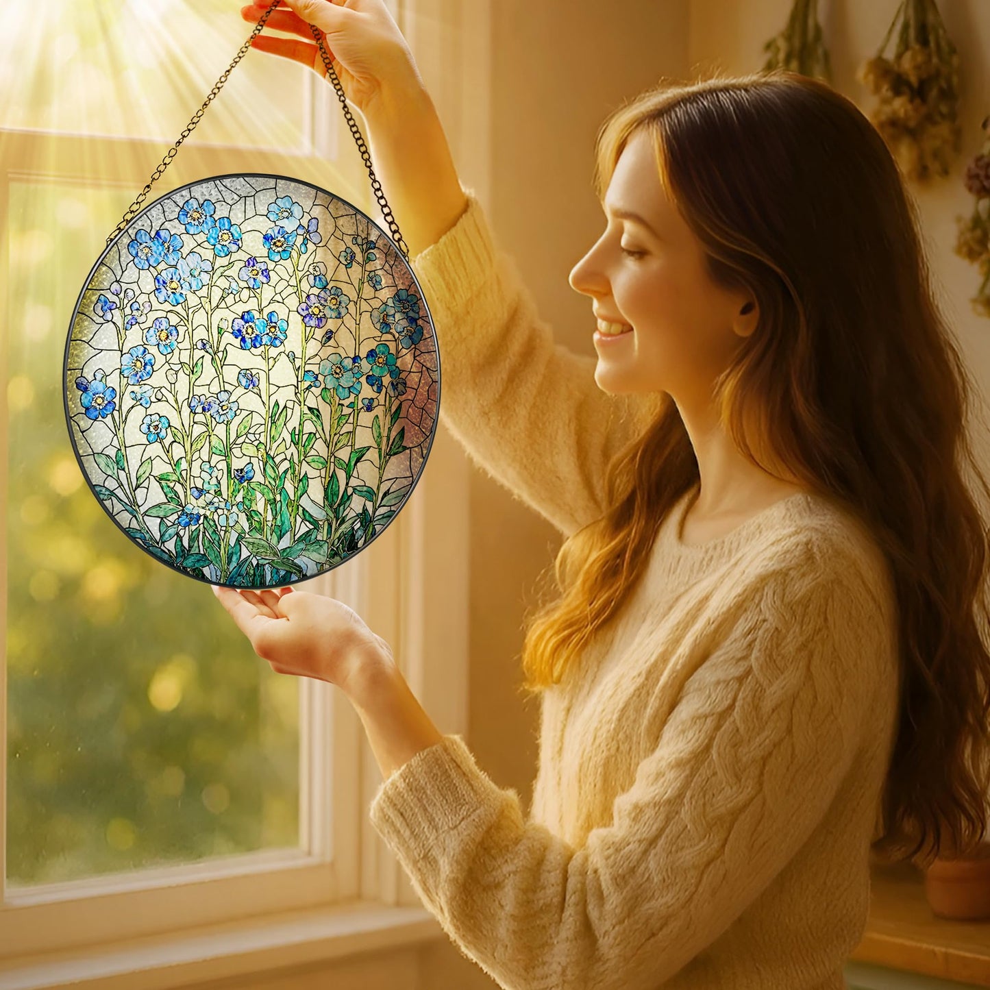 8 Inch Stained Glass Window Hanging, Forget Me Not Flower Stained Glass Suncatcher, Window Decor, Plant Lover Gift for Women, Forget Me Not Gifts for Couples, Best Friend, Family, Colleague, Classmate