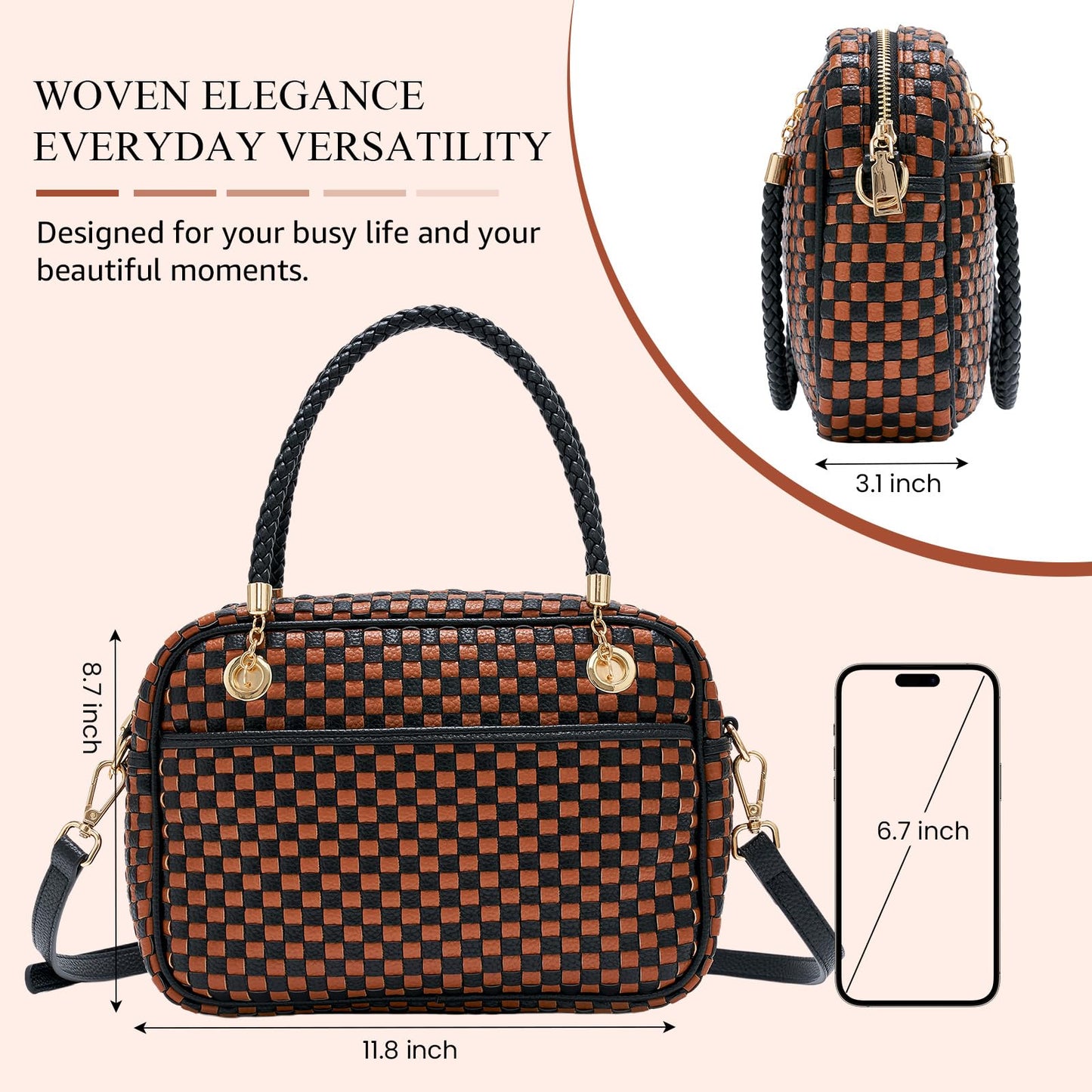 Woven Crossbody Bags for Women, Vegan Leather Two-Tone Satchel with Braided Top Handle, Structured Checkerboard Shoulder Purse with Adjustable Strap