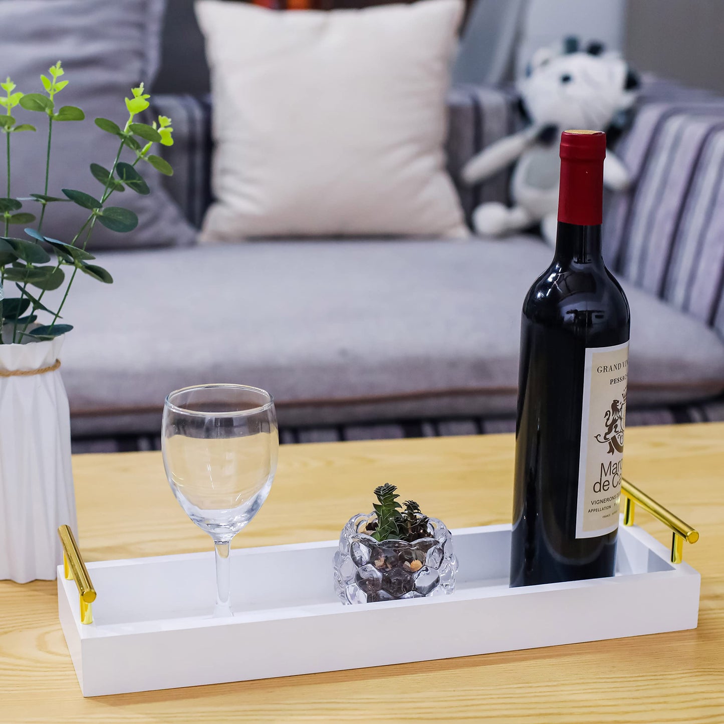Hanobe Long Tray for Table Centerpiece: Decorative Narrow Trays Wooden Candle Holder - Centerpiece Tray with Handles for Home Decor Dining Table Coffee Bar Living Room,White