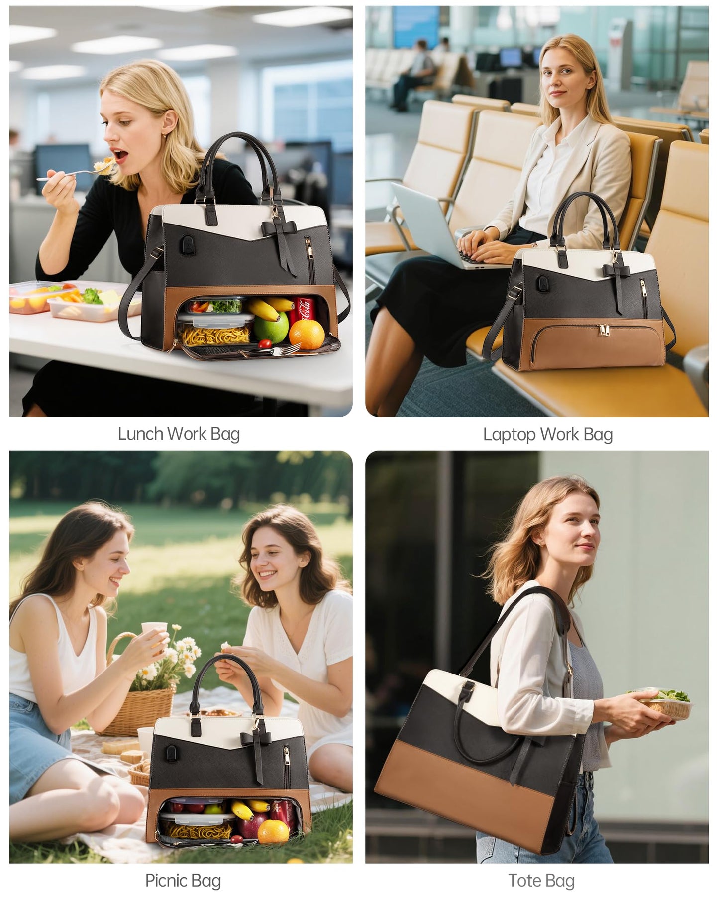 Tiostep Lunch Tote Bag for Women 2 in 1 Laptop Work Bag with Lunch Insulated Compartment and Purse Combo Leather Crossbody Bag (Black Brown)
