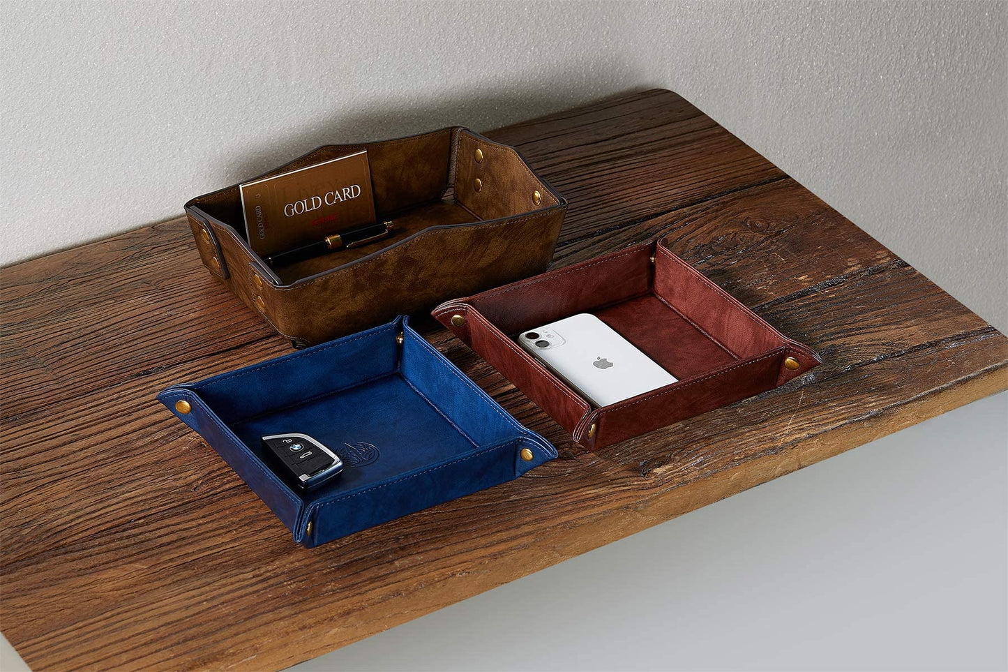 OARIE Leather Bedside Storage Tray - Jewelry Organizer for Girl's Key, Wallet, Coin Box - Travel PU Valet Tray (Dark Blue)