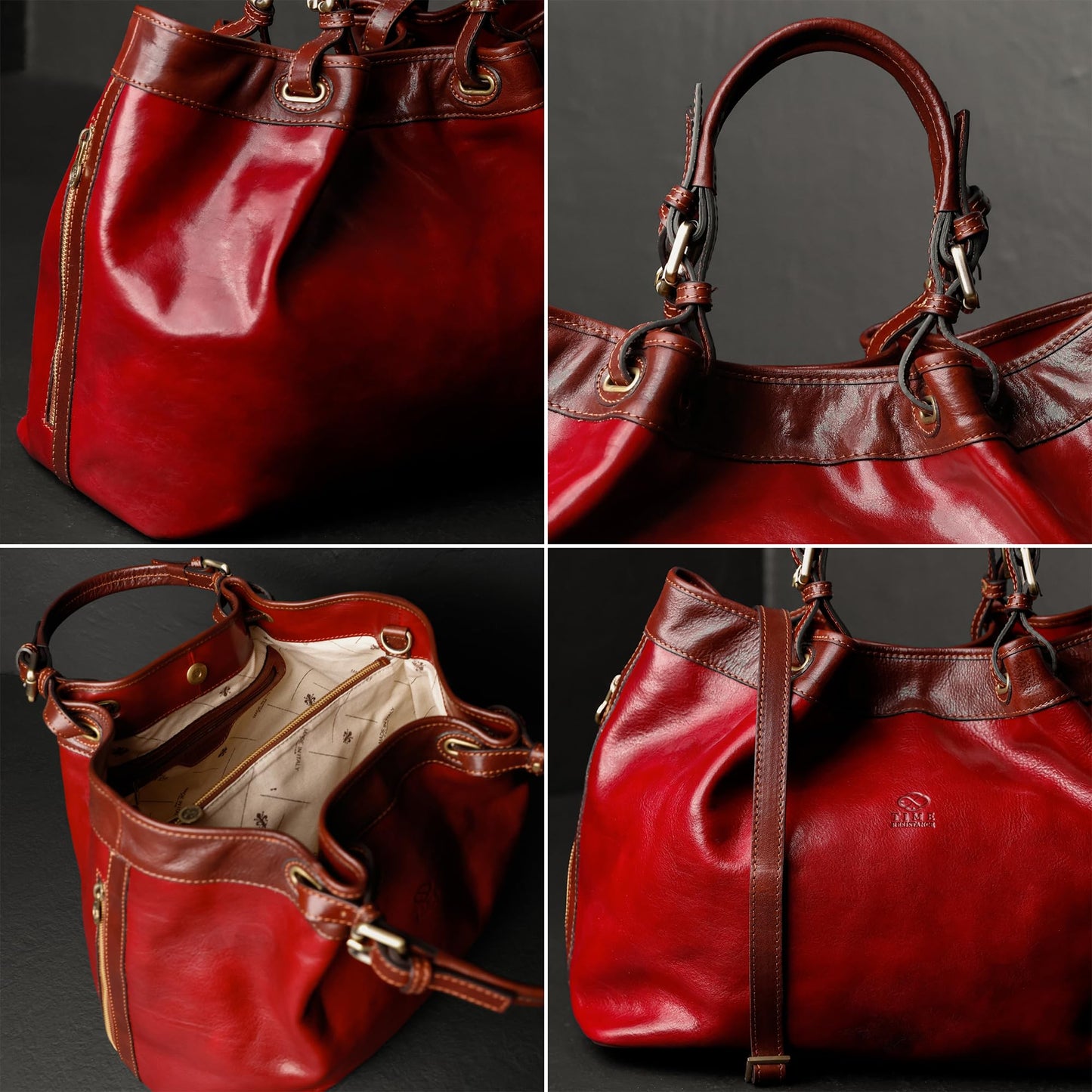 Time Resistance Leather Handbag - Full-Grain Leather Top Handle Purse for Women (Red)