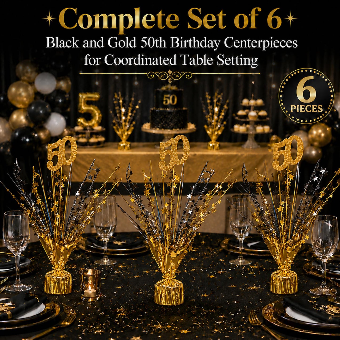 APUDWN 6 Pcs 50th Black and Gold Birthday Table Decorations Metallic Foil Spray Table Centerpiece Black Gold Number Star Burst Centerpiece for Birthday Wedding Anniversary Reunion Party Decor
