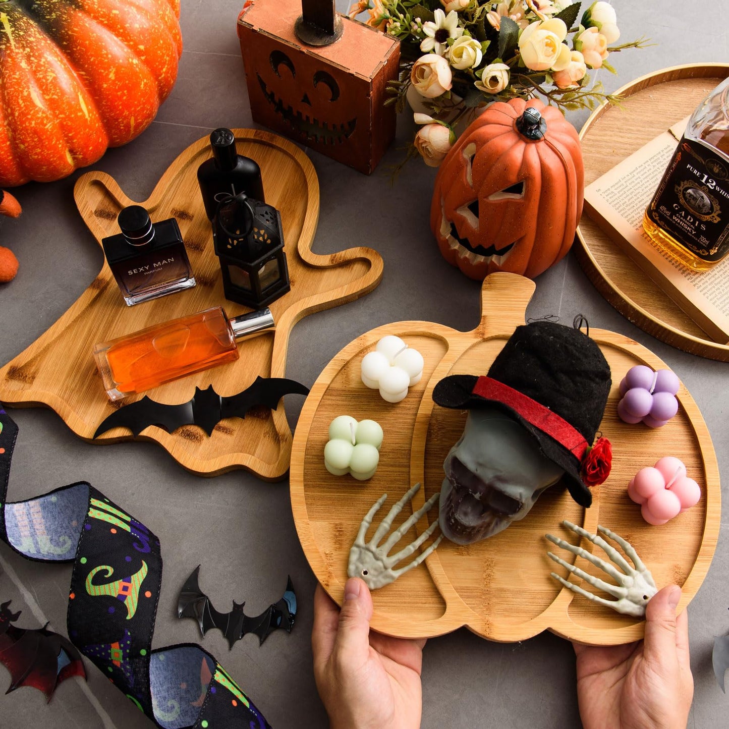 AWIZOM 2 Pcs Halloween Wood Serving Platters Ghost and Sectional Pumpkin Shaped Halloween Wooden Charcuterie Boards Bamboo Serving Trays Wood Snack Dish Plates for Fall Holiday Housewarming Presents