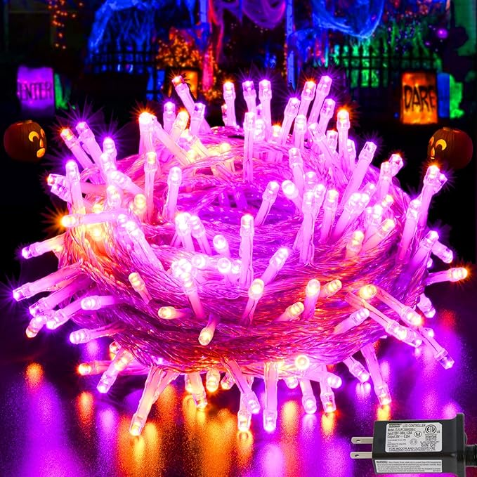 Pooqla Halloween Lights, 66 ft 200 LED Indoor Outdoor Halloween String Lights Plug in, Connectable 8 Modes Clear Wire Twinkle Fairy String Lights for Xmas Tree Decoration Clear wire, Orange and Purple