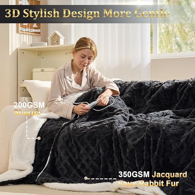 Heated Blanket Queen Size,Dual Control Electric Blanket with 10 Time Settings & 6 Heat Settings,Overheat Protection & ETL Certification，Fast Heating Blanket for Home Office Use，84" x 90"，Dark Gray