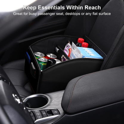 Uplien Car Storage Organizer [2025 UPDATED] Leather Car Caddy Basket for Front Seat Floor Back Seats Metal Handle 6 Compartments Adjustable Strap Buckles Slip-Resistant (Black)