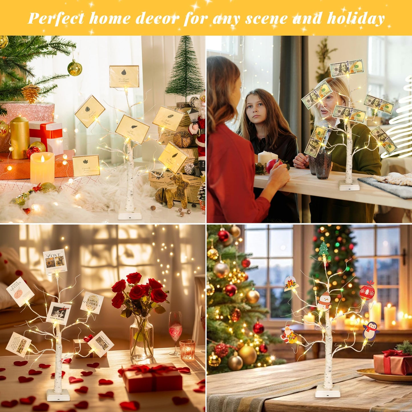 Money Tree Gift Card Holder 24 LED Birch Tree Lamp Battery/USB Powered Light Up White Trees Gift Card Holder with 6 Clips and 6 Greeting Cards for Photo Birthday Christmas Graduation Decor