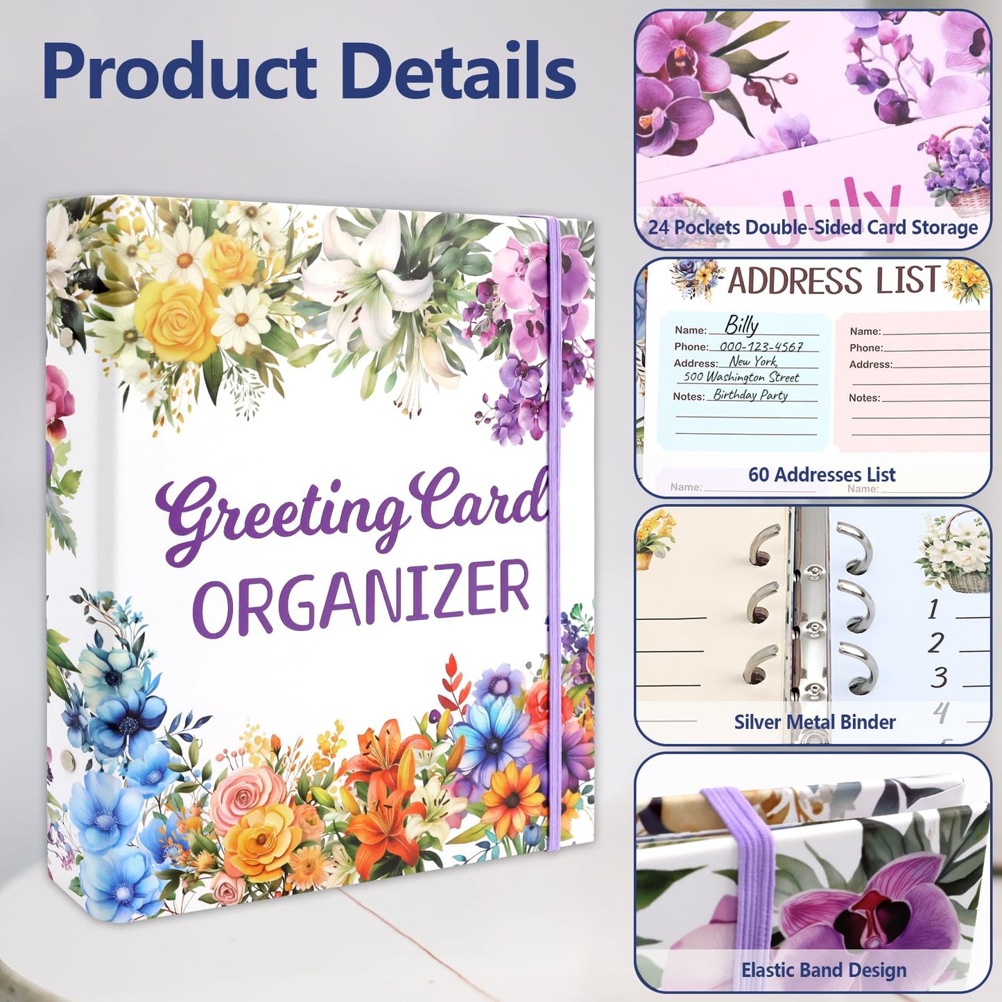 Ceiba Tree Greeting Card Organizer with 24 Pockets Teacher Appreciation Gift Card Book Flora Month by Month Hardcover Binder Birthday Reminder for Holiday Wedding Anniversary Home Office