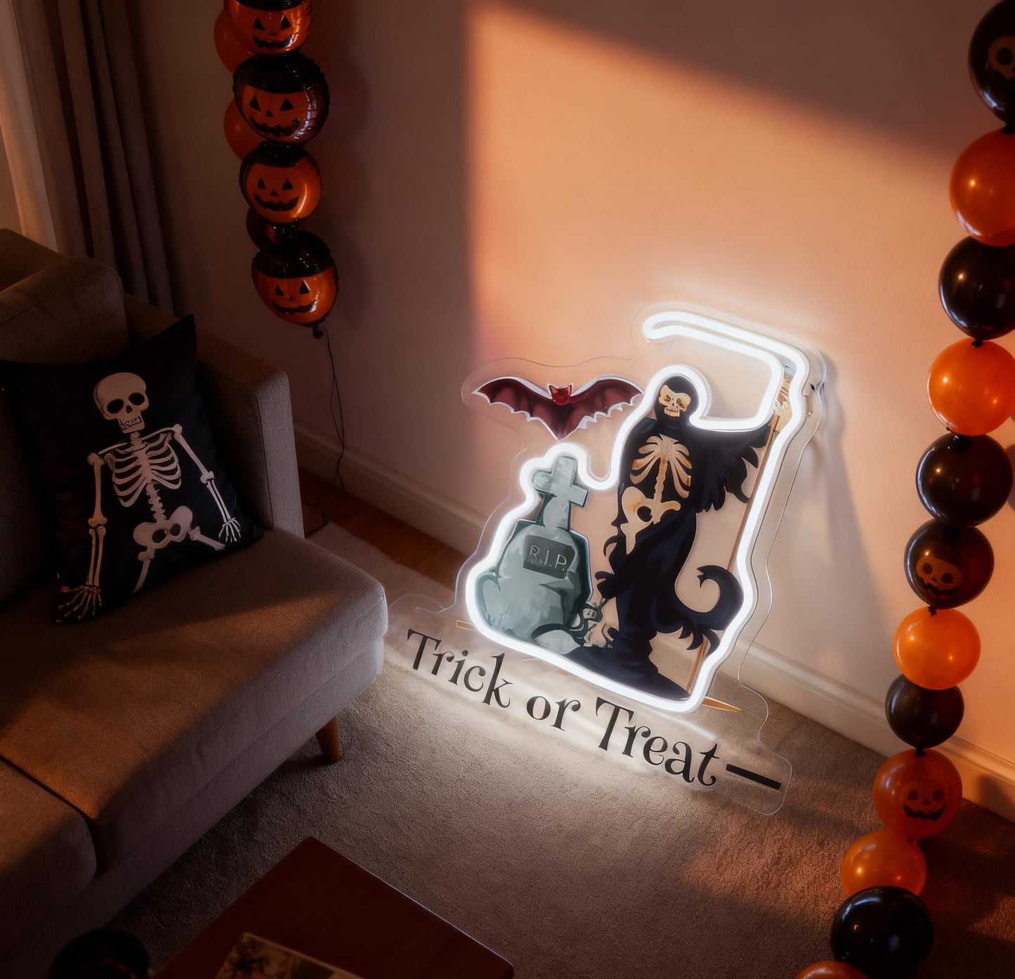 Trick or Treat LED Neon Sign, Home Front Porch Haunted House Horror Themed Party Wall Table Decor, Halloween Light Up Sign, USB Powered Decorative Light 13.8 x 13.8 In
