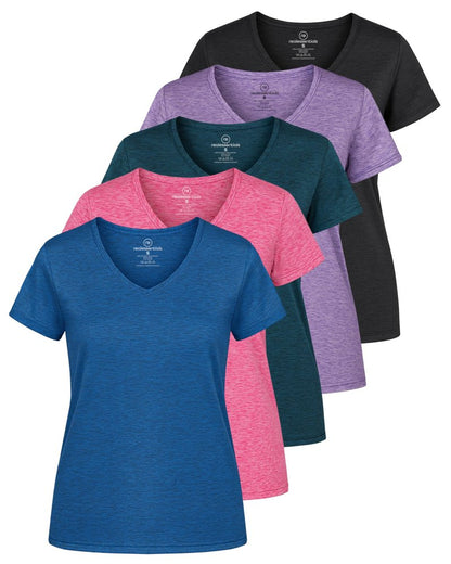 Real Essentials 5 Pack: Women's Dry-Fit Short Sleeve V Neck T Shirt Workout Fitness Yoga Top Tee, Set 7, M