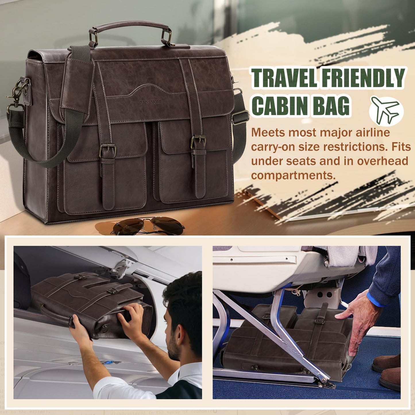 RAINSMORE Mens Messenger Bag 17 Inch Vintage Leather Laptop Briefcase Magnetic Closure Large Satchel Computer Shoulder Bag for Office Travel College, Coffee