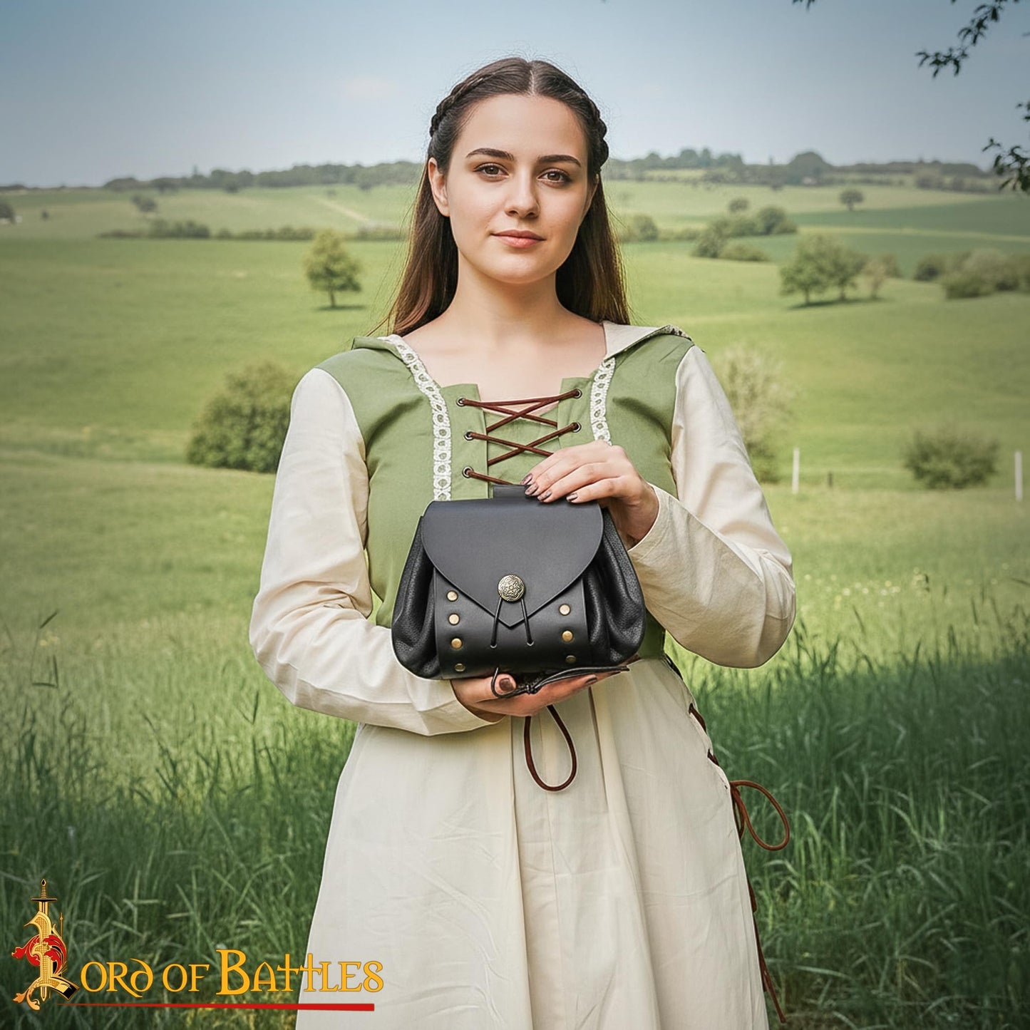 Medieval Drawstring Pouch with Brass Button, Belt Pouch with Loop, Genuine Leather Coin Purse for LARP, Reenactment and Costume (Drawstring Bag, Black)