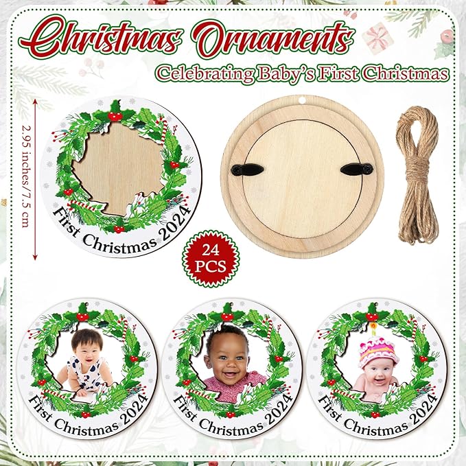 Blulu 24 Pcs Baby First Christmas Photo Ornament 2025 Christmas Pictures Frame Bulk Christmas Hanging Picture Frames Wooden for Xmas Tree Baby Gifts Keepsake
