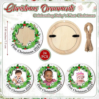 Blulu 24 Pcs Baby First Christmas Photo Ornament 2025 Christmas Pictures Frame Bulk Christmas Hanging Picture Frames Wooden for Xmas Tree Baby Gifts Keepsake