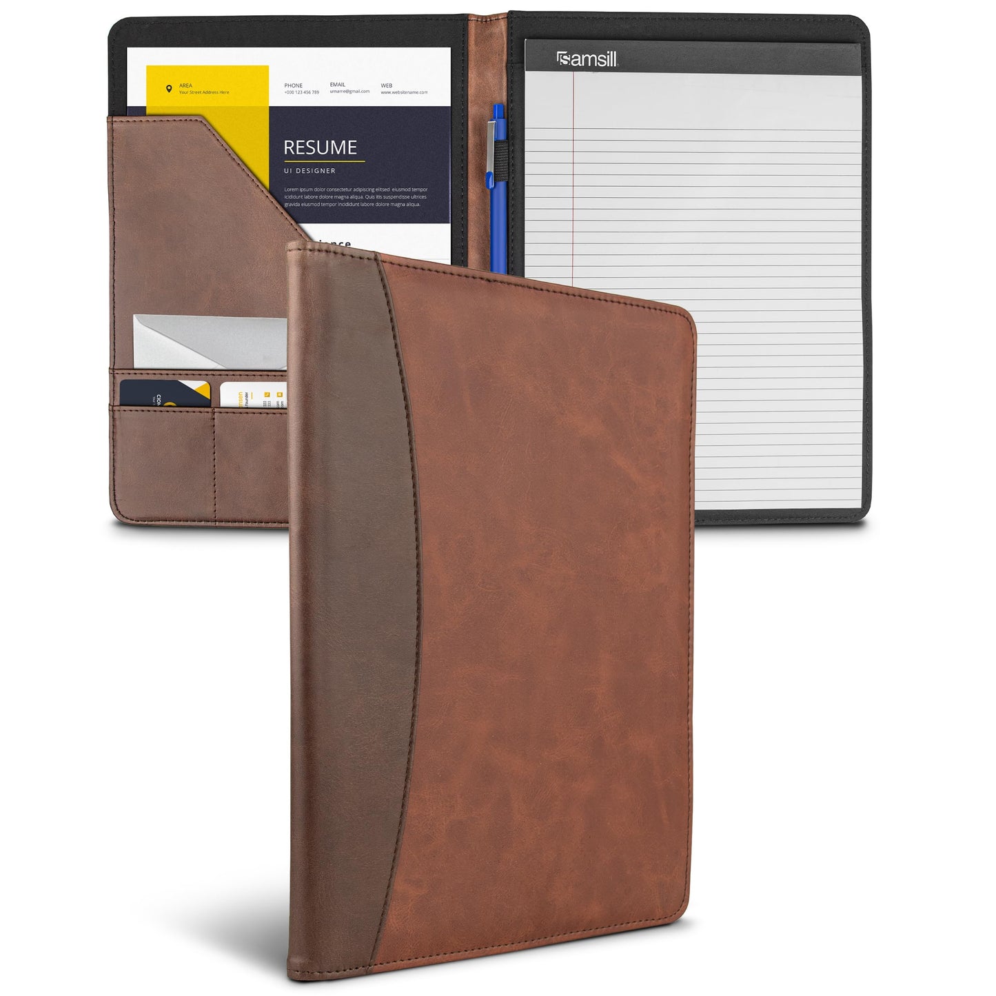 Samsill Two-Tone Padfolio Portfolio Folder, Professional Resume and Document Organizer with 8.5 x 11 Writing Pad, Business Card Pockets and Pen Holder, Faux Leather, Brown/Dark Brown