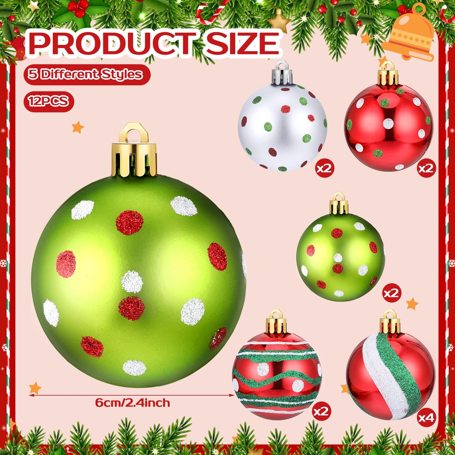 Beeveer 12 Pcs Christmas Tree Ornaments 2.4 Inch Glittering Red Green White Swirl Candy Cane Balls Plastic Pendants for Xmas Party Decorations