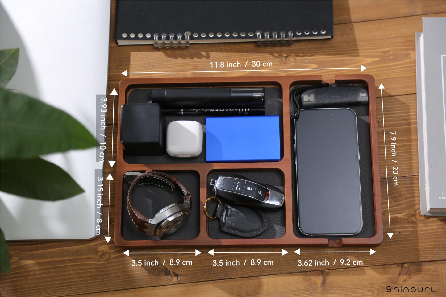 Shinpuru Wooden Valet Tray for Men, Nightstand Organizer with Leather Inlay, EDC Essentials Catchall Tray for Keys, Phone, Wallet, Watch, Earbuds - Bedside Desk Entryway Tray (Wood)