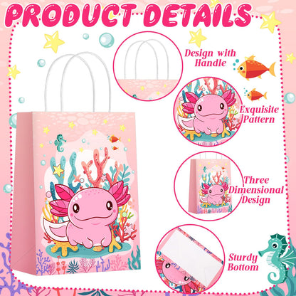 Kolldenn 24 Pcs Axolotl Party Favors Bags Amphibian Themed Gift Paper Goodie Bags Cute Animals Candy Treat Pouch‌ with Handles for Axolotl Themed Birthday Party Decorations Supplies