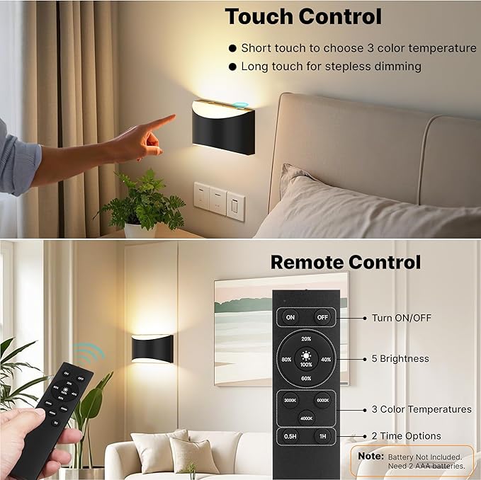 FOLKSMATE Battery Operated Wall Sconces Set of 2, 8000mAh Rechargeable Wireless Remote & Touch Control Wall Lamps, 3 Color Temperatures, Timer Cordless Dimmable Light for Bedroom, Living Room, Hallway