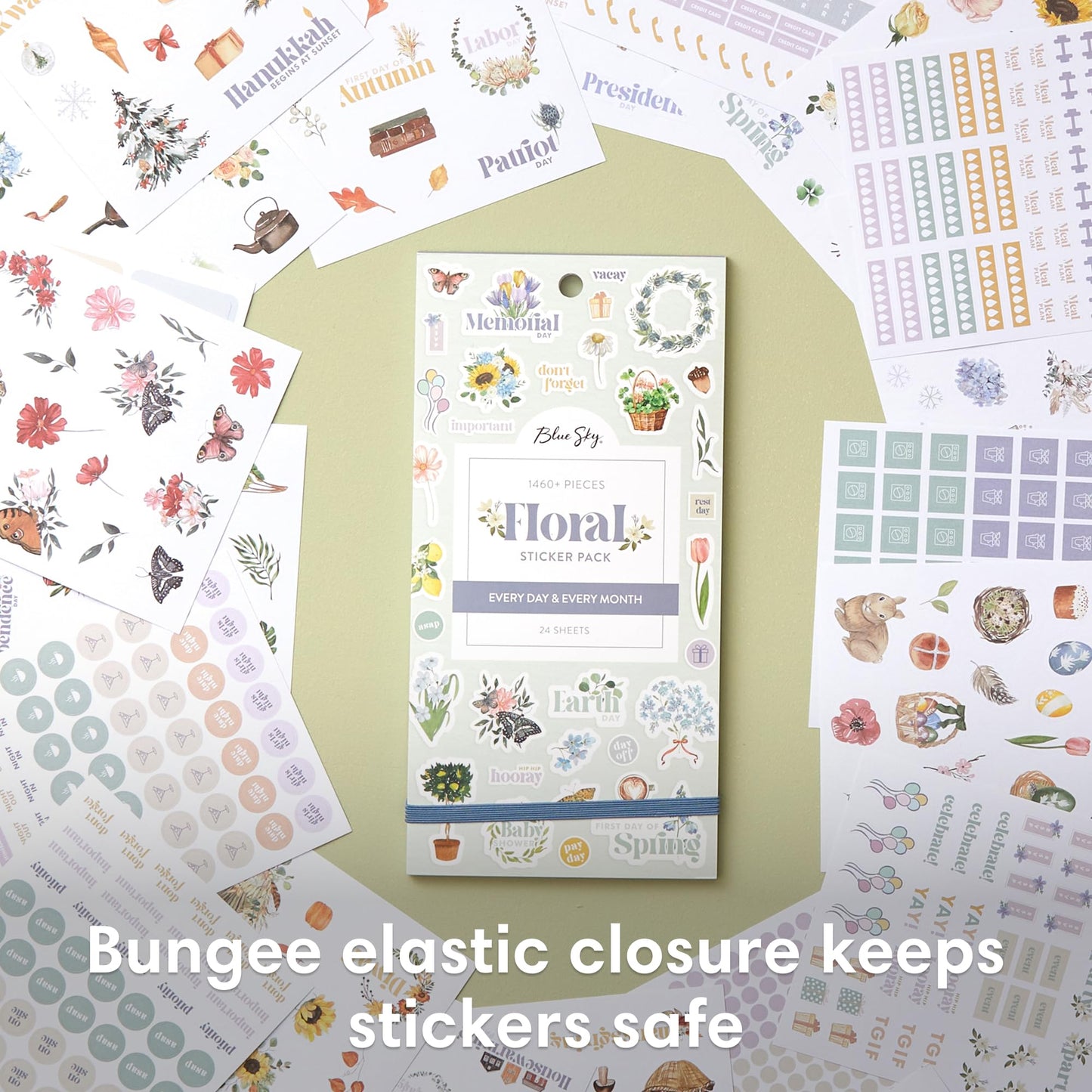 Blue Sky Sticker Book, Everyday and Monthly Planner Stickers, Undated, Glued with Bungee, 1460+ Stickers for Journals and Calendars (Floral, 4.5" x 9")