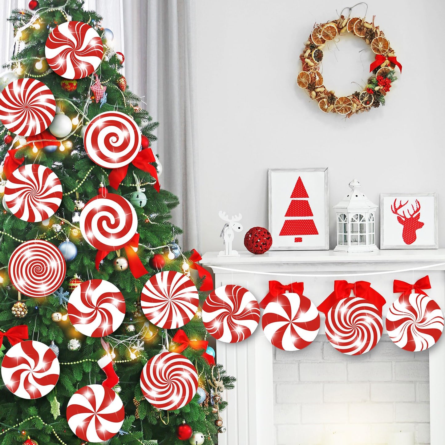 Huwena 24 Pcs Christmas Outdoor Decorations Hanging Ornaments Peppermint Candy Yard Signs Double Sided Lawn Decorations Peppermint Ornaments for Xmas(Classic Style)