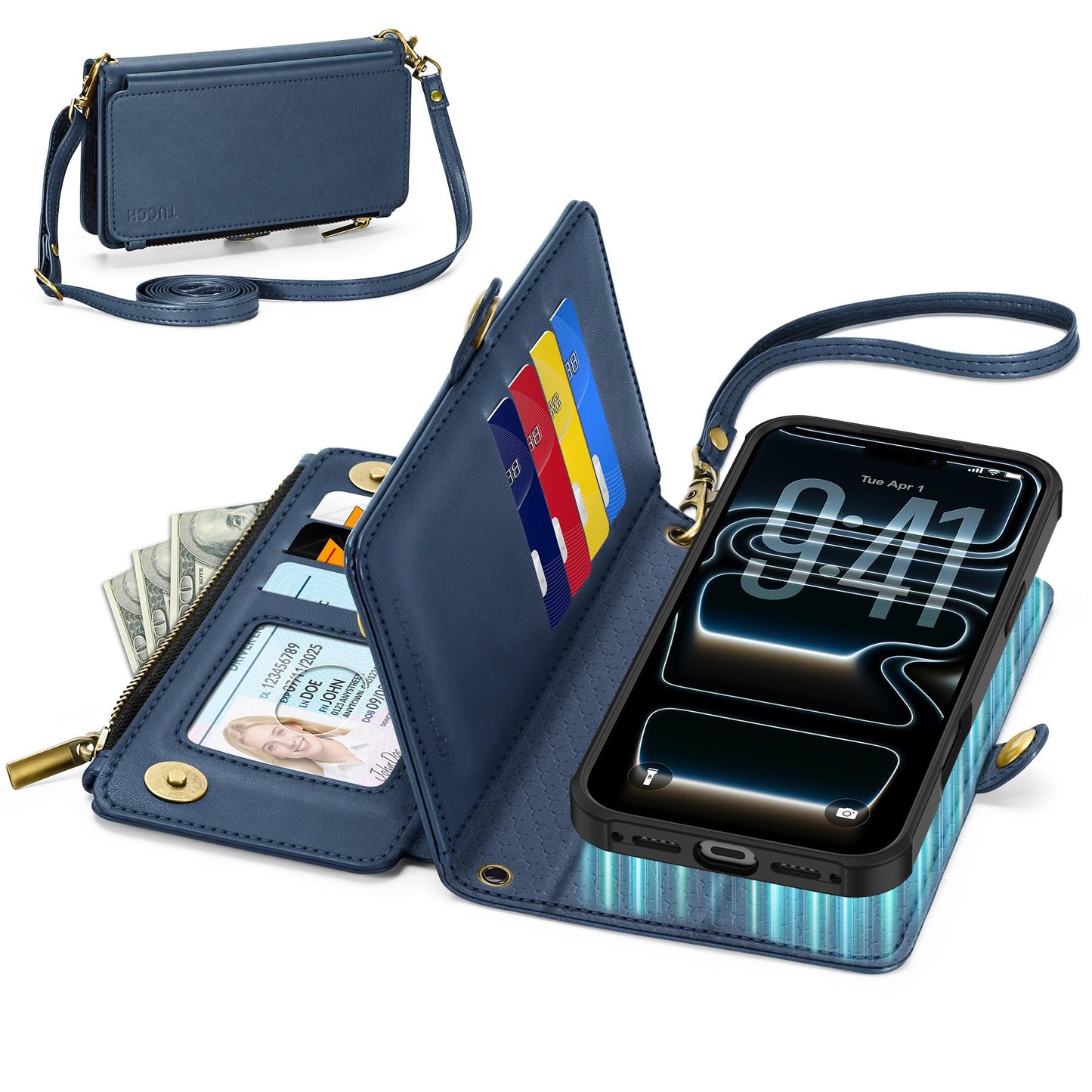 TUCCH Crossbody Detachable Wallet Case for iPhone 17 Pro Max 6.9", 10 Card Holders RFID Blocking, Wireless Charging, Stand, Wrist Strap, Lanyard, Zipper Pocket, PU Leather Shockproof Cover, Dark Blue