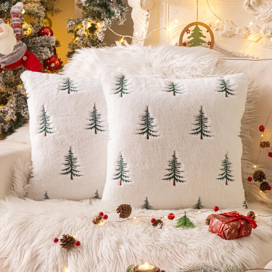 AQOTHES Christmas Tree Green Throw Pillow Covers 18x18, Soft Faux Fur Embroidered Throw Pillows for Couch Sofa Cushion Covers Holiday Home Decor