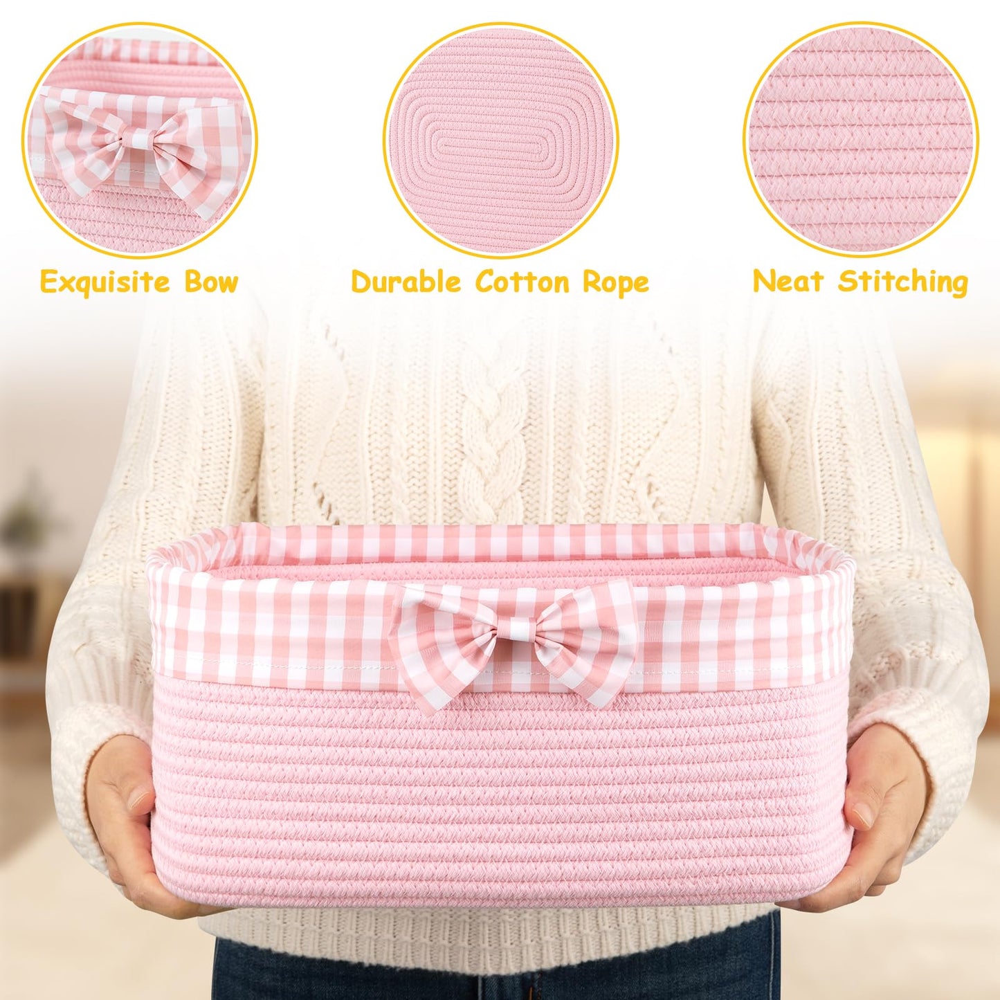 OIASKET Basket for Gifts Empty, Large Gift Basket 13L with Gift Bag and Ribbon, Woven Cotton Basket for Baby Showers, Birthday, Wedding, Mother's Day, 13.58"x10"x5.9", Pink