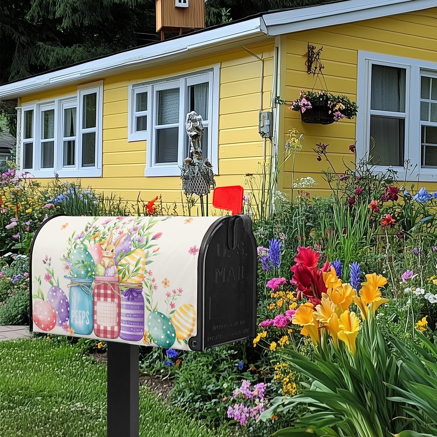 Easter Magnetic Mailbox Cover Bunny Mailbox Covers Standard Size 21x18 in Spring Floral Post Letter Box Cover Waterproof Oxford Outdoor Farmhouse Garden Yard Decor Beautiful Jars Eggs
