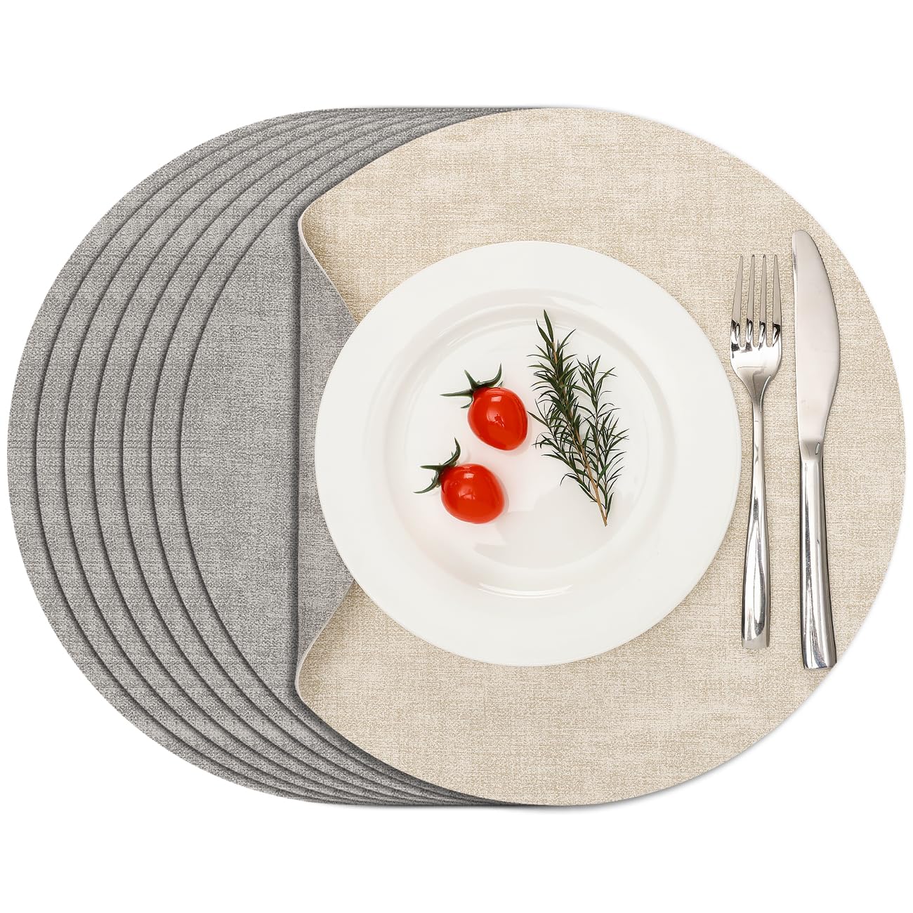 Myir JUN Reversible Vinyl Round Placemats Set of 8, Faux Leather Place Mats Dual Sided Waterproof Wipeable, Heat-Resistant Table Mats for Kitchen Dining Indoor Outdoor (14", Light Gray Cream-White)