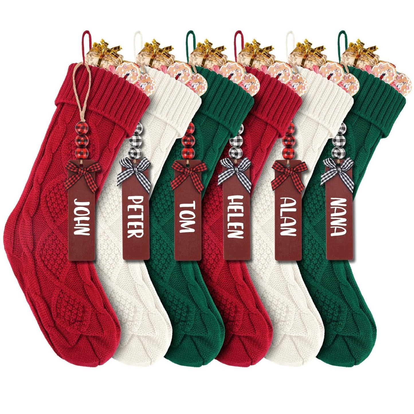DigiGlow 6PACK 18Inch Cable Knitted Christmas Stockings, Personalized Hanging Stockings for Holiday Party, Christmas Tree, and Family Home Decor in Red, White, Green