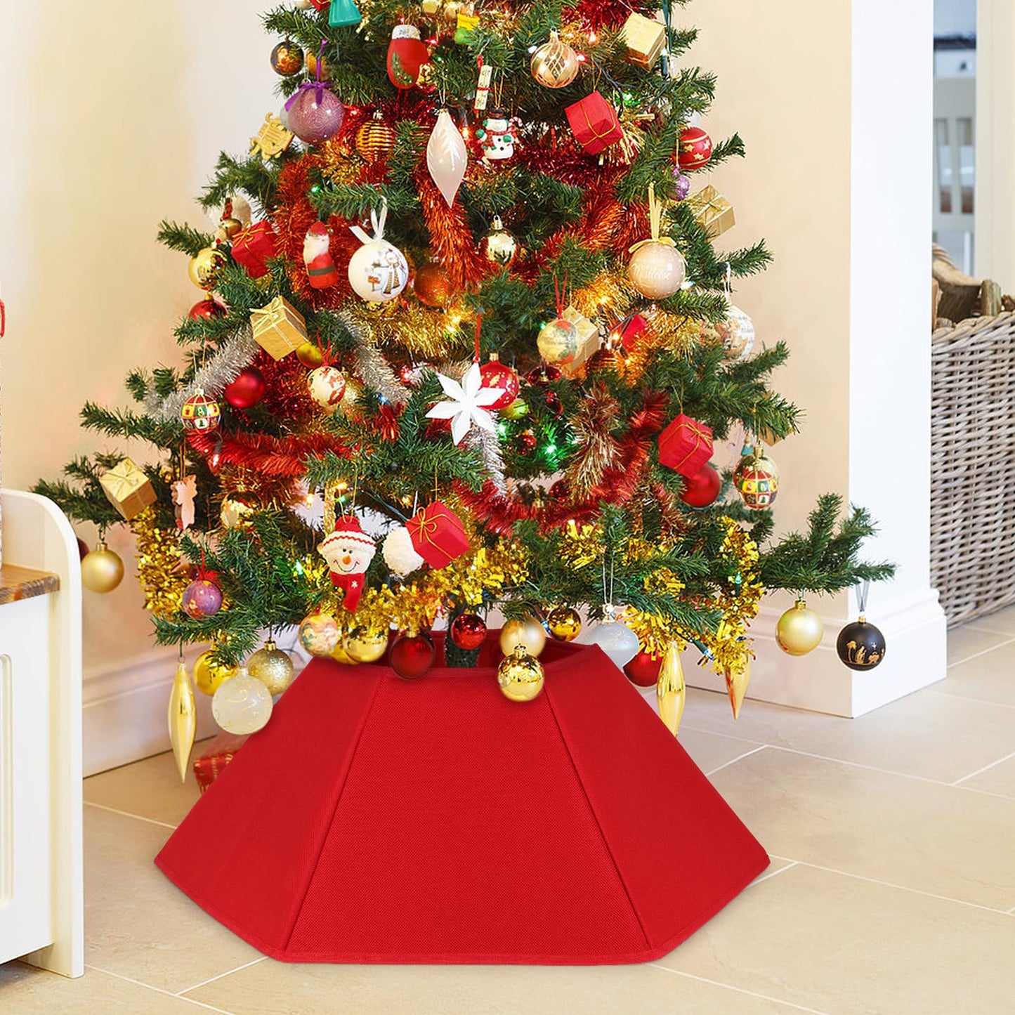 Christmas Tree Collar Red Hexagon Folable Christmas Ring Tree Skirt for Artificial Trees Base Stand Cover Xmas Trees Decoration