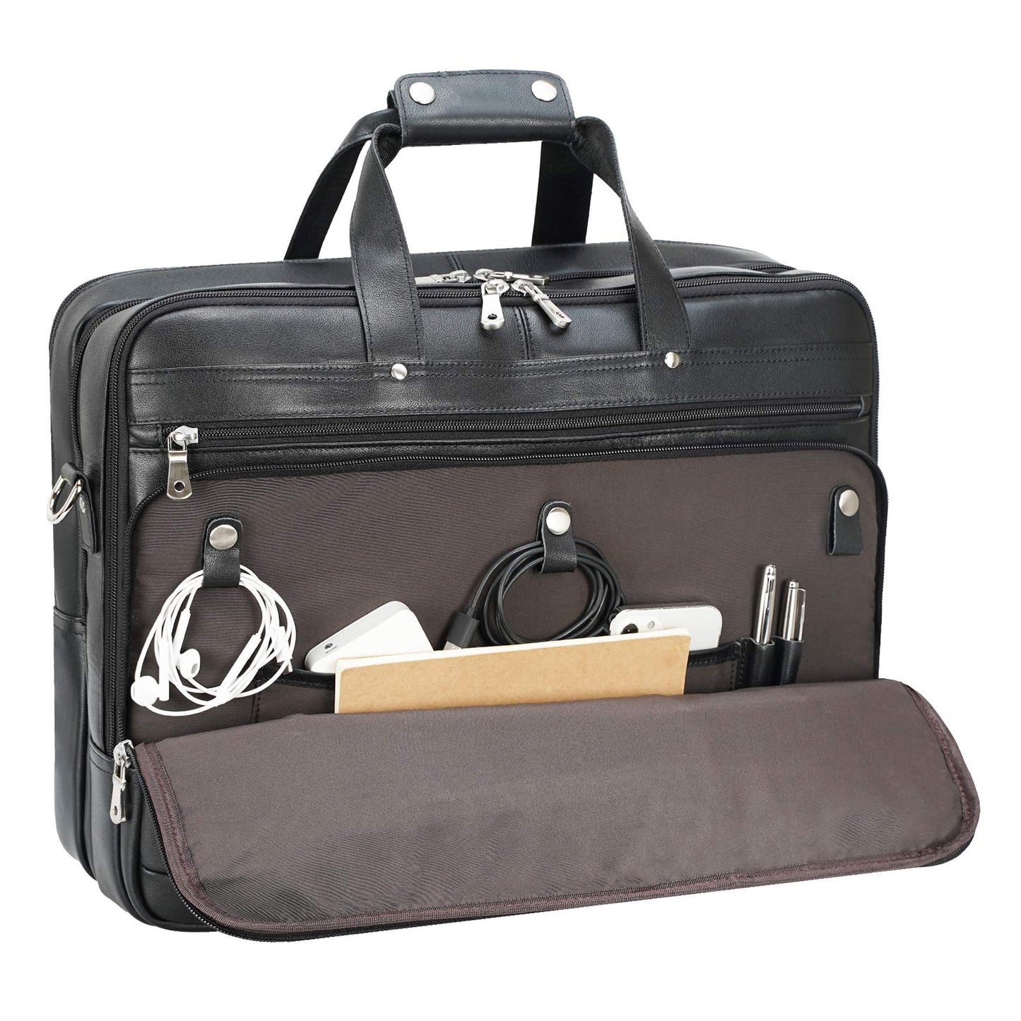 Polare X-Large 18" Napa Leather Briefcase For Men Business Travel Case Messenger Bag Fits 17.3" Laptop (Black)