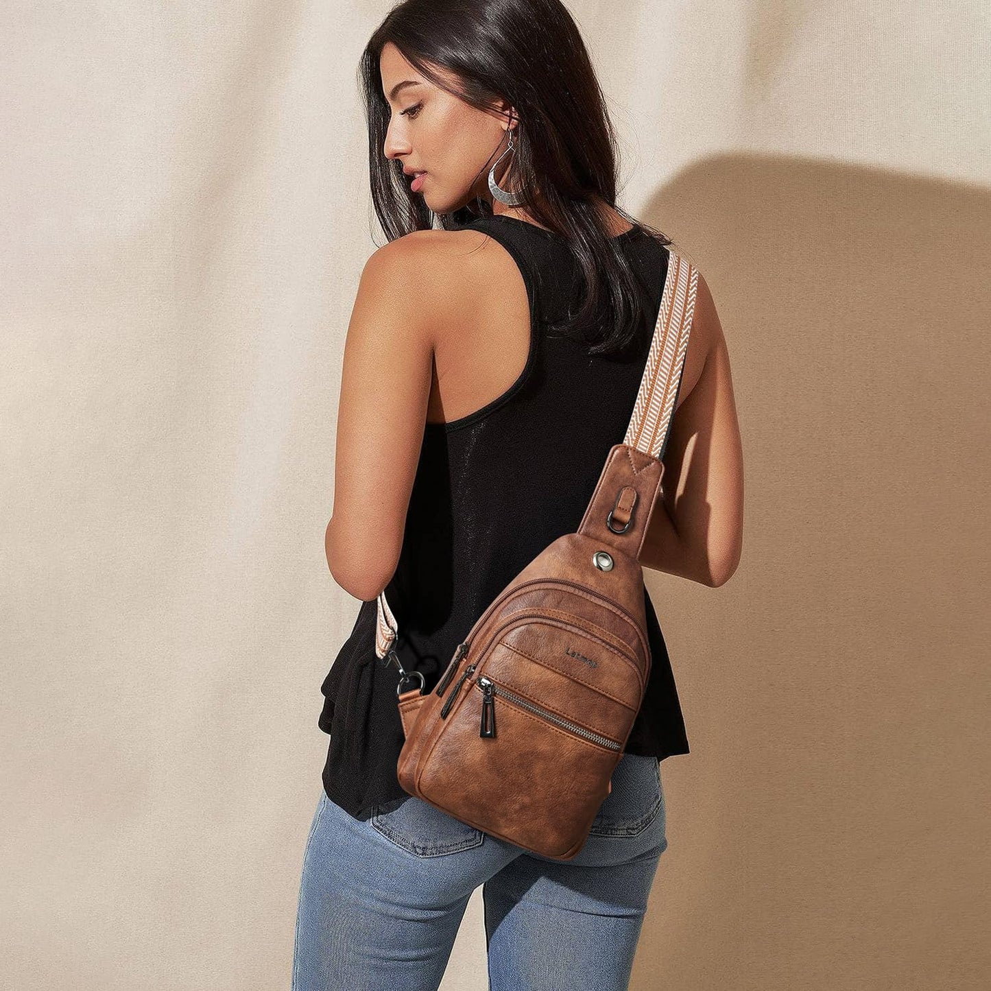 LATMAP 7L Sling Bag For Women Faux Leather Anti Theft Small Casual Daypack Backpack Fanny Pack Crossbody Chest Bags Purse Waterproof Brown