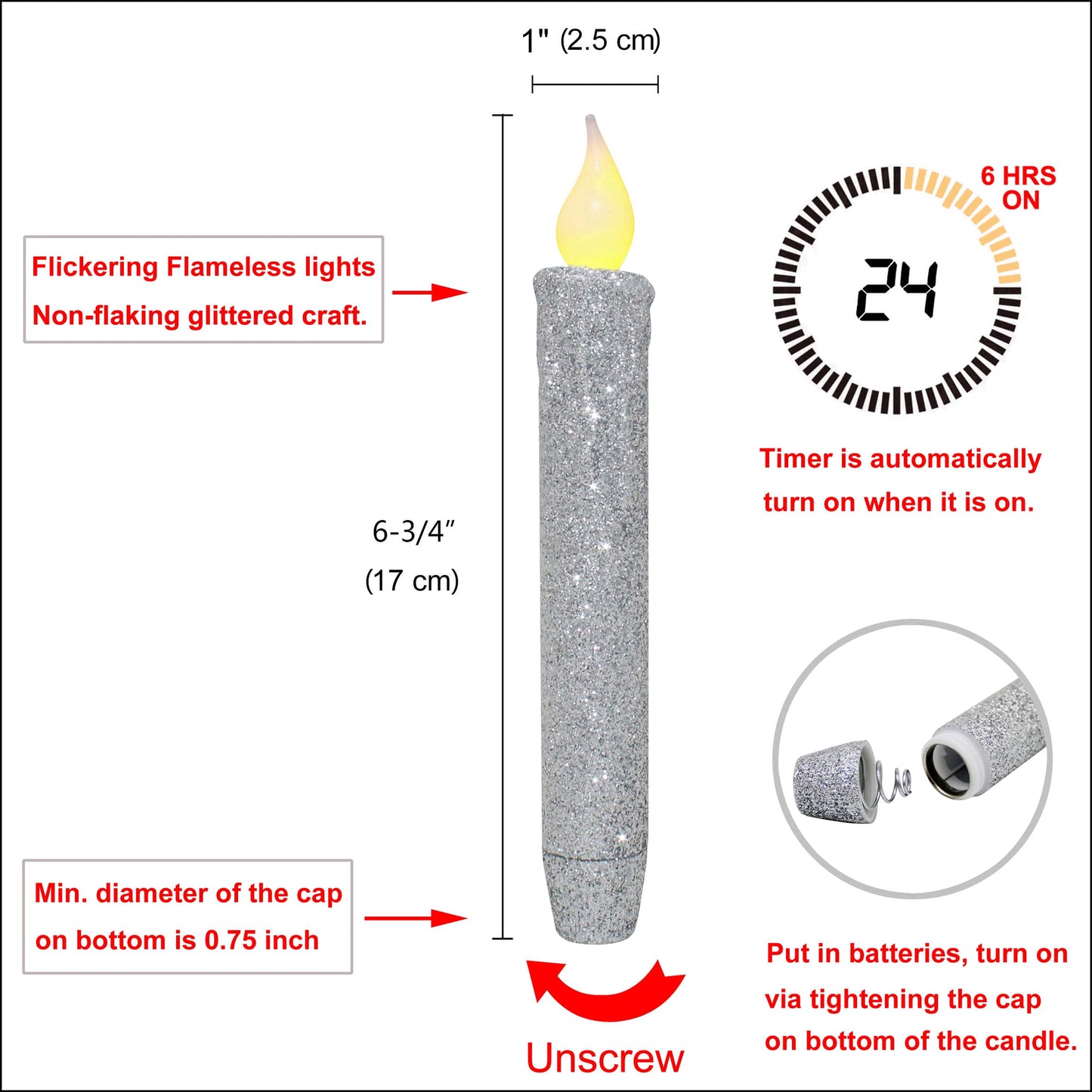 CVHOMEDECO. Glitter Flameless Candles Flickering Battery Operated LED Taper Candles with Timer for Home, Wedding, Halloween, Christmas Decor. Glitter Silver, 6-3/4 Inch, Set of 2