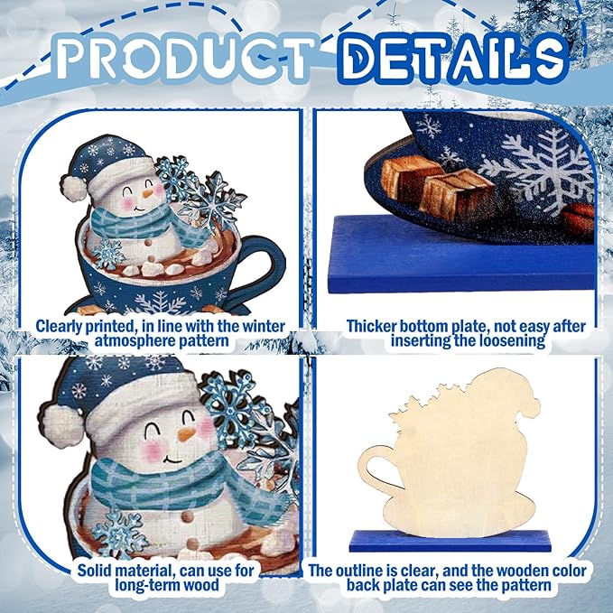 Realspring 6 Pcs Wooden Winter Table Decor Blue Winter Tiered Tray Decor Wood Decorative Gnome Snowman Truck Signs Hello Centerpieces for Kitchen Office Home