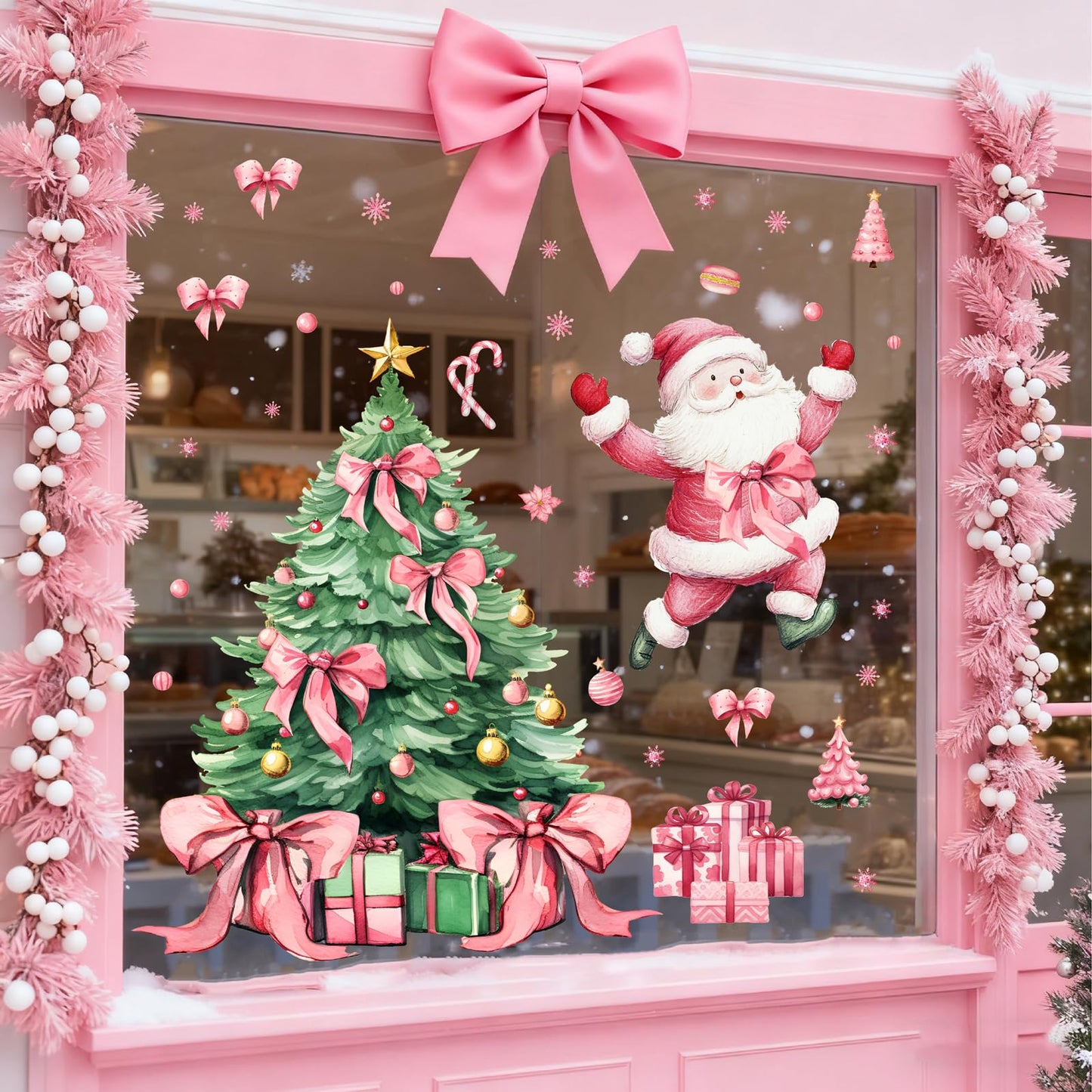 Christmas Decoration Window Decals Pink Bow Xmas Tree Window Clings Indoor Decor Removable Santa Claus Static Cling for Glass Double-Sided Snowflake Glass Sticker for 2026 New Year Living Room Supply