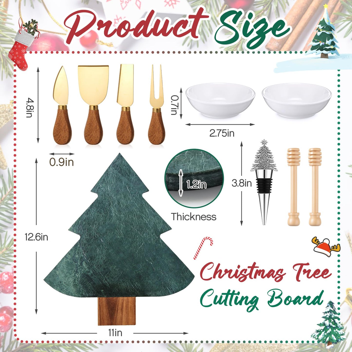 10 Pcs Christmas Tree Charcuterie Board Gift Set with Marble Wood Cutting Serving Tray Cheese Knives Fork Honey Stick Wine Stopper Flavoring Dish Kitchen Utensils Gifts for Xmas Holiday Party Favor