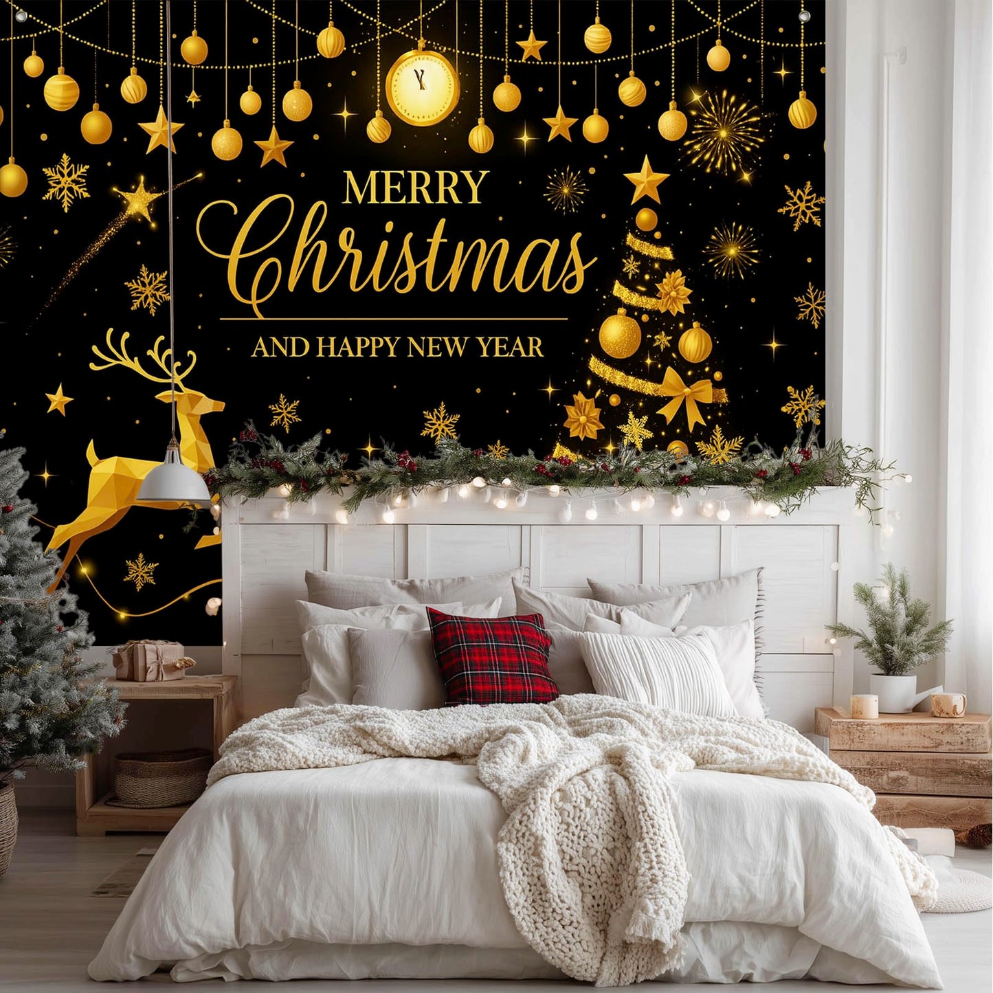 HOMETITUTE Black Gold Merry Christmas Backdrop 8×6ft Holiday New Year Photo Background Party Decoration Banner Golden Tree Reindeer Gifts Photography Backdrop