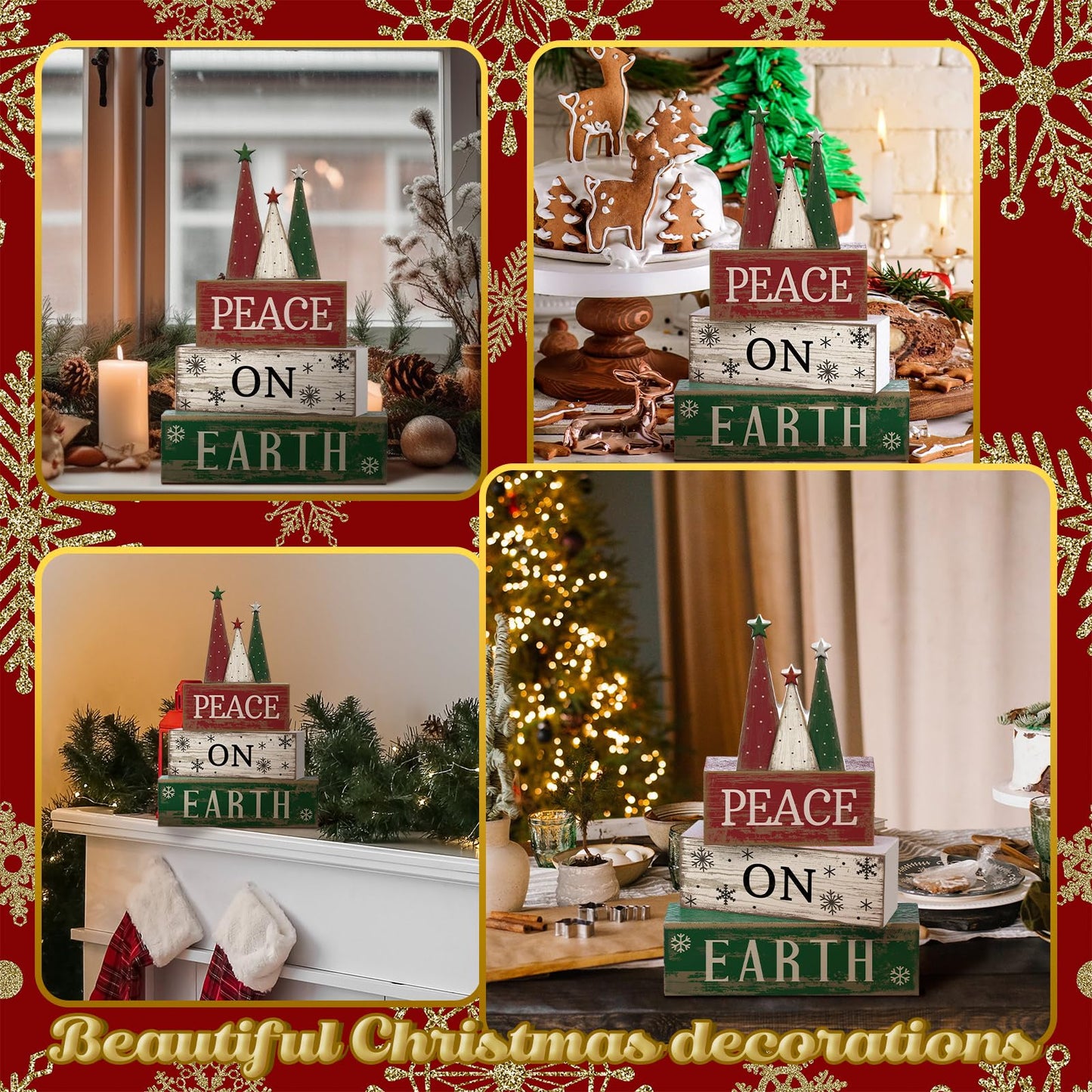Lineshading 4 Pcs Christmas Table Decoration Wooden Christmas Tree Sign Winter Tiered Tray Decor Decorative Red Green and White Tree Block Signs Xmas Table Centerpiece Farmhouse Decor for Home Kitchen