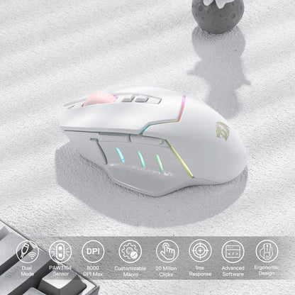 Redragon M690 PRO Wireless Gaming Mouse, 8000 DPI Wired/Wireless Gamer Mouse w/Rapid Fire Key, 8 Macro Buttons, Ergonomic Design for PC/Mac/Laptop, White