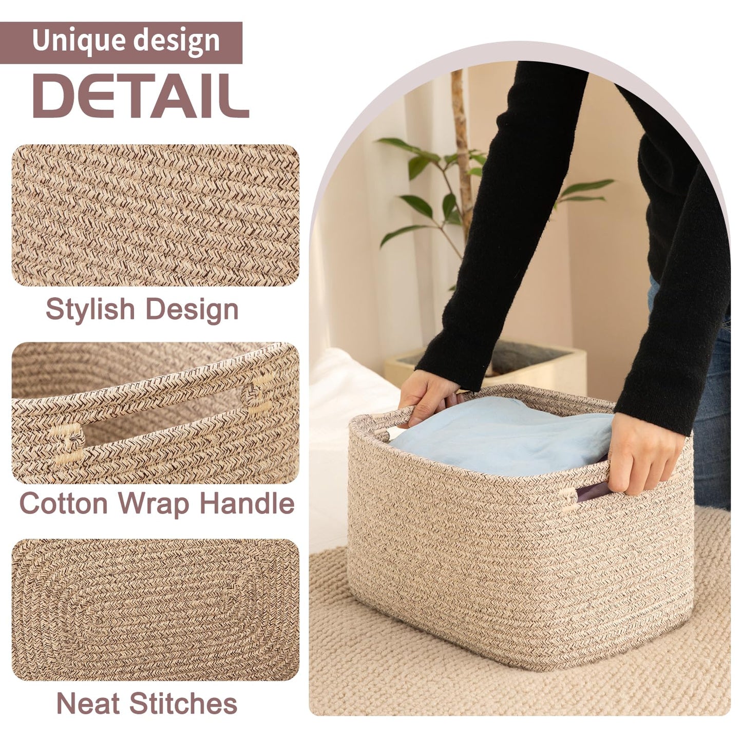 OIAHOMY 4 Pack Storage Baskets for Organizing, Cube Storage Bins for Shelves, Rectangle Storage Baskets With Handles, Woven Baskets for Storage, 12.7''Lx9''Wx7.8''H, Mixed Brown